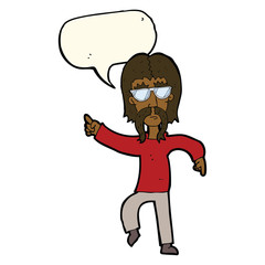 cartoon hippie man wearing glasses with speech bubble