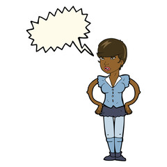 cartoon woman with hands on hips with speech bubble