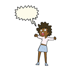 cartoon frightened woman with speech bubble