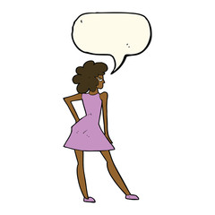 cartoon woman posing in dress with speech bubble
