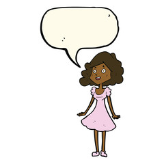 cartoon happy woman in dress with speech bubble