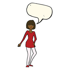cartoon woman in dress with speech bubble