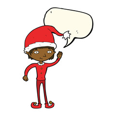 cartoon waving christmas elf with speech bubble