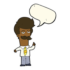 cartoon man with mustache explaining with speech bubble