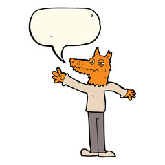 cartoon waving fox with speech bubble