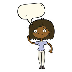 cartoon woman waving with speech bubble