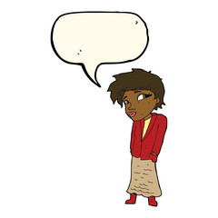 cartoon woman with hands in pockets with speech bubble