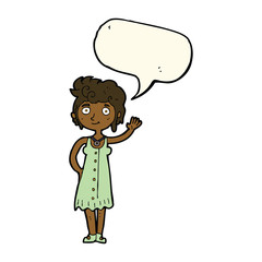 cartoon hippie woman waving with speech bubble