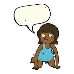 cartoon woman on all fours with speech bubble