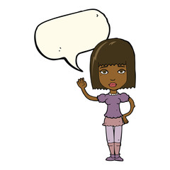 cartoon woman waving with speech bubble