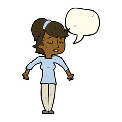 cartoon friendly woman shrugging shoulders with speech bubble