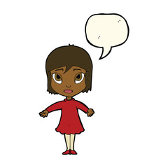 cartoon girl in dress with speech bubble