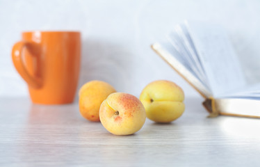 Still life with three apricots, cup and open book