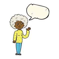 cartoon annoyed old woman waving with speech bubble