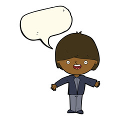 cartoon happy boy with open arms with speech bubble