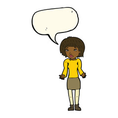 cartoon woman shrugging shoulders with speech bubble