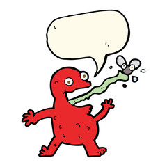cartoon frog catching fly with speech bubble