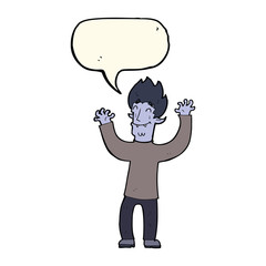 cartoon happy vampire man with speech bubble