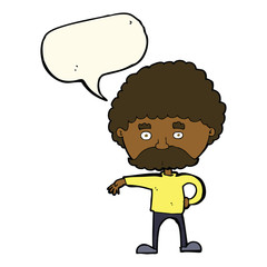 cartoon man with mustache making camp gesture with speech bubble