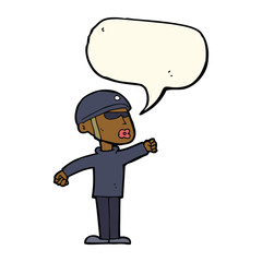 cartoon security guy with speech bubble