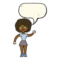 cartoon waving woman wearing spectacles with speech bubble