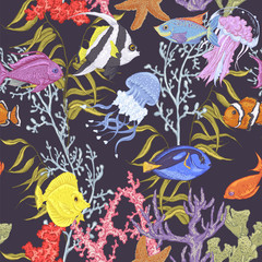Sea life seamless background, underwater vector illustration
