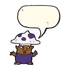 cartoon little mushroom man with speech bubble