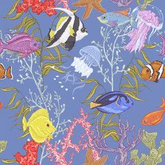 Blue sea life seamless background, underwater vector