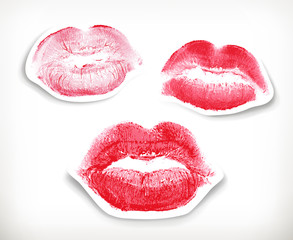 Lipstick kiss in red and pink, vector stickers