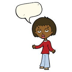 cartoon tired woman with speech bubble