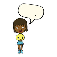 cartoon excited woman with speech bubble
