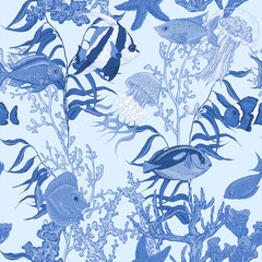 Fototapety  Blue sea life seamless background, underwater vector