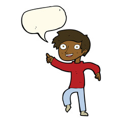 cartoon happy boy pointing with speech bubble