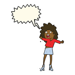 cartoon woman having trouble walking in heels with speech bubble