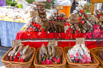 Fototapeta premium sausages, market in Nyons, Rhone-Alpes, France