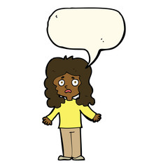 cartoon worried woman with speech bubble