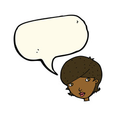 cartoon friendly woman with speech bubble