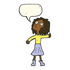 cartoon woman looking up to the sky with speech bubble