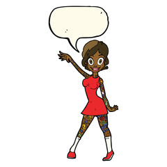 cartoon woman with tattoos with speech bubble
