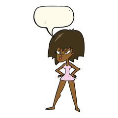 cartoon angry woman in dress with speech bubble