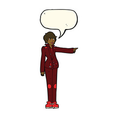 cartoon woman in leather jacket pointing with speech bubble