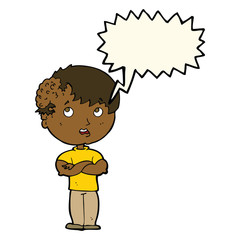 cartoon boy with growth on head with speech bubble