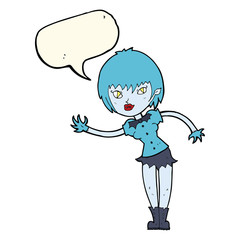 cartoon vampire girl welcoming with speech bubble