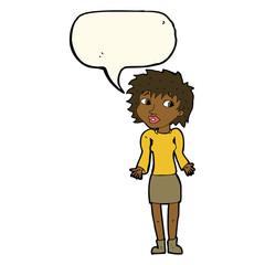 cartoon woman shrugging shoulders with speech bubble