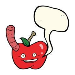 cartoon apple with worm with speech bubble