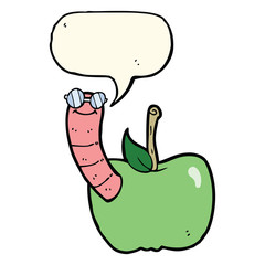 cartoon apple with worm with speech bubble