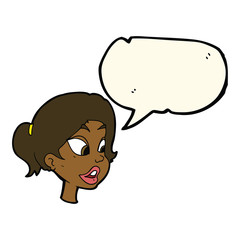 cartoon friendly woman with speech bubble