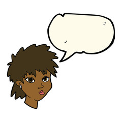 cartoon curious girl with speech bubble