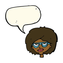 cartoon woman wearing spectacles with speech bubble