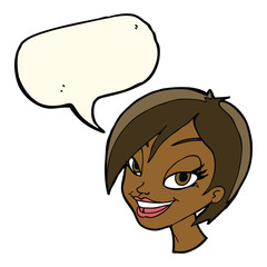 cartoon pretty female face with speech bubble